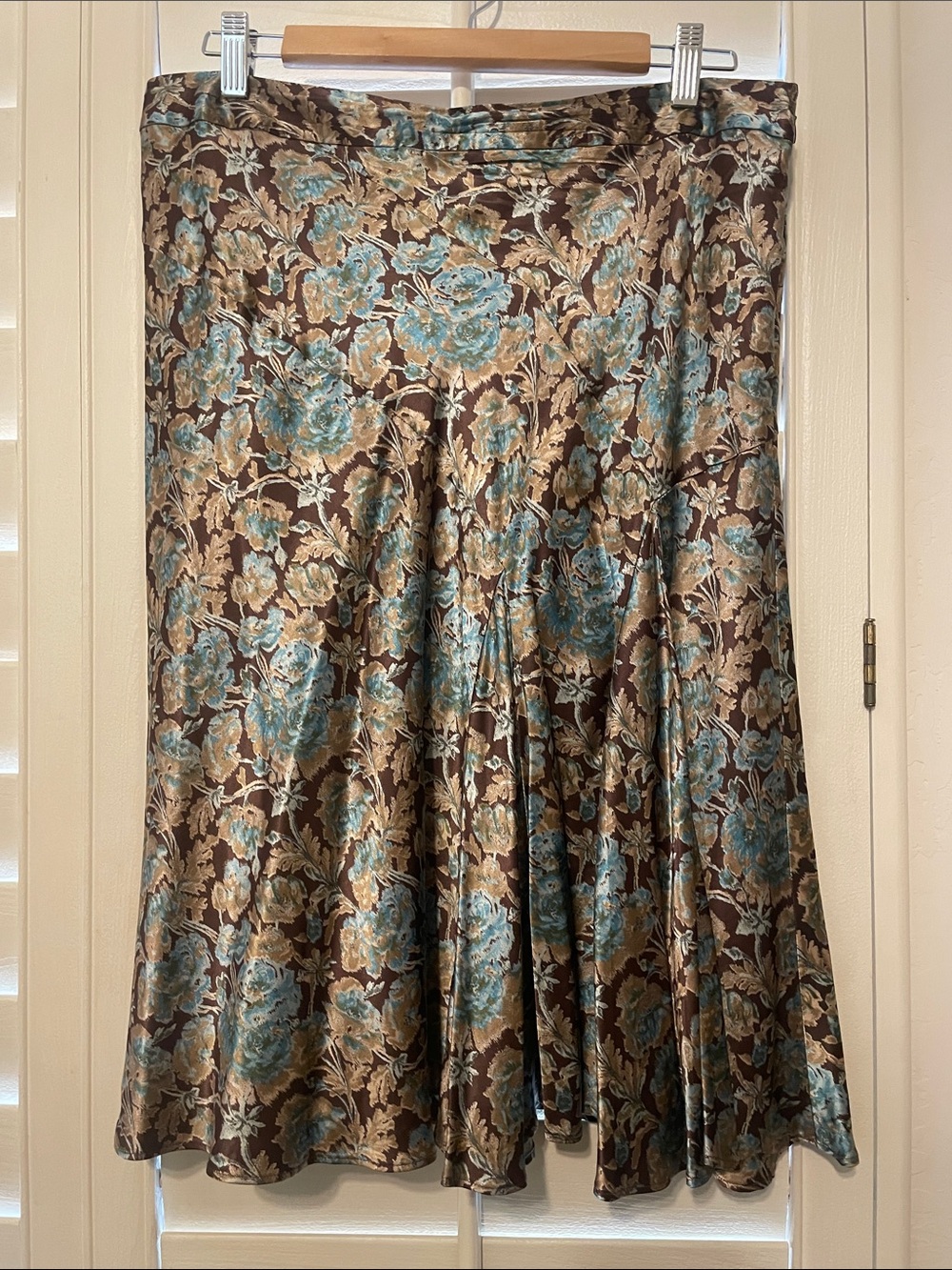 Banana Republic Brown Satin A-Line Skirt with Teal Floral Jacquard